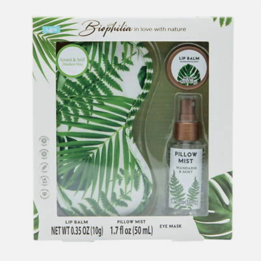 Biophilia 3-Piece Sleep Gift Set eye-mask, pillow mist, and lip balm NIB